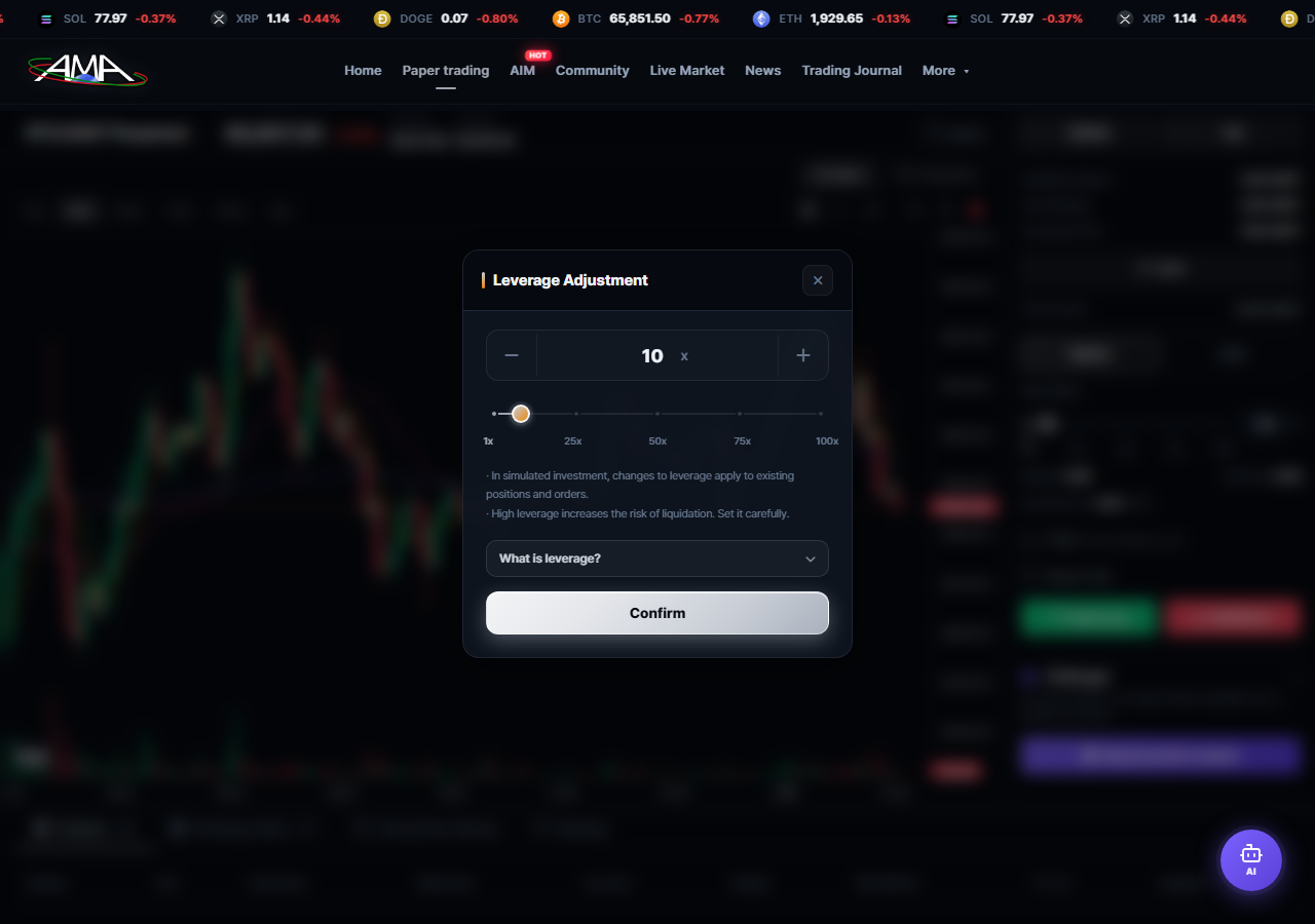 Leverage adjustment modal on the paper trading screen, with slider ticks at 1x, 25x, 50x, 75x and 100x showing that 100x is the maximum