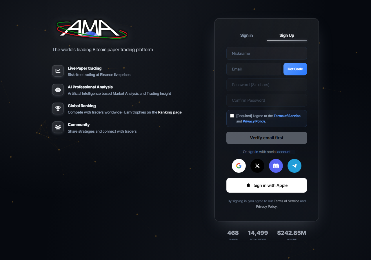 AMA sign-up form showing the nickname field, the email verification code field, the password field and the Google, X, Discord, Telegram and Apple social login buttons